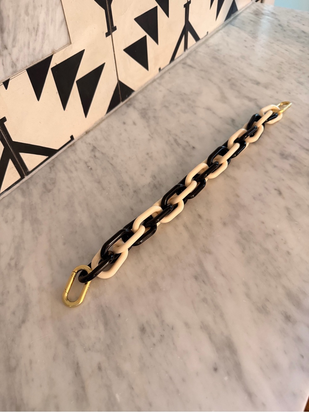 Black and Beige Chain-Link Card Holder Strap with Gold Hardware